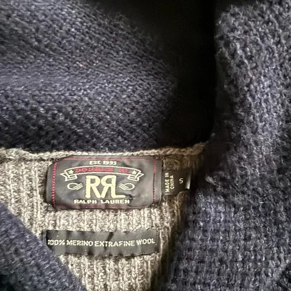 Ralph Lauren Double RL Men's Gray Navy Wool Shawl Collar Pullover Sweater Size S